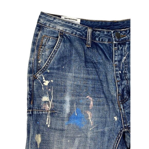 Man X One Teaspoon Men Blue Suede Mr Browns Paint Splattered Distressed Jeans 31 - Picture 4 of 10
